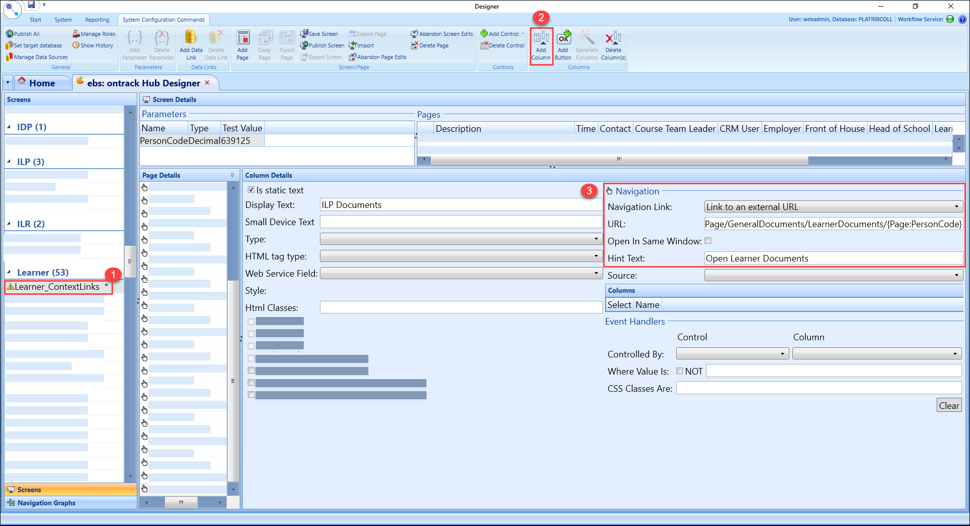 ebs ontrack hub designer page with screen, add column and navigations sections highlighted